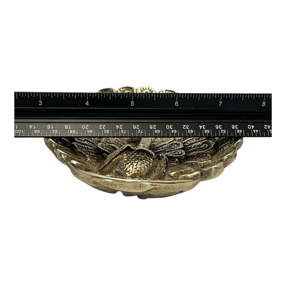 Brass Peacock Trinket Dish Scalloped Edge Embossed Raised 3D Feather Plume VTG - Picture 15 of 16
